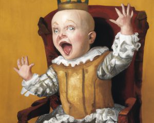 Peinture style renaissance d'un jeune enfant avec une couronne. Il crit.