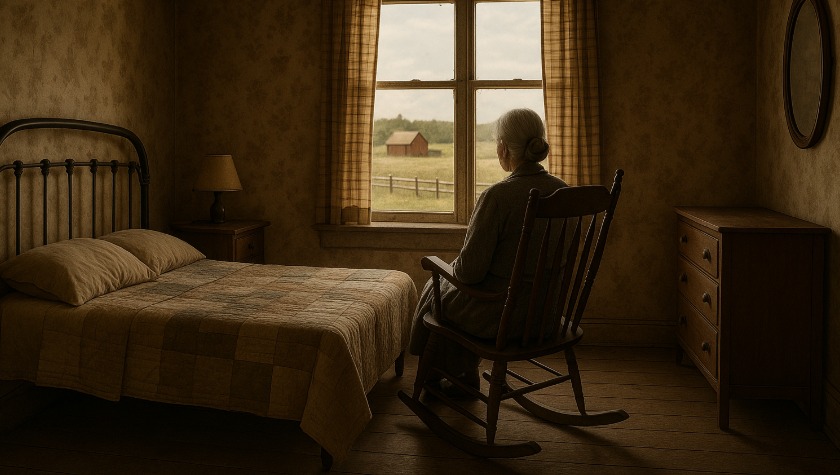 La mère de Ed Gein qui regarde par la fenêtre de sa maison au Wisconsin dans les années 1950.